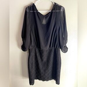 Laundry By Shelli Segal Dress Black Blouson Lace Skirt  3/4 Slit Sleeves size 10